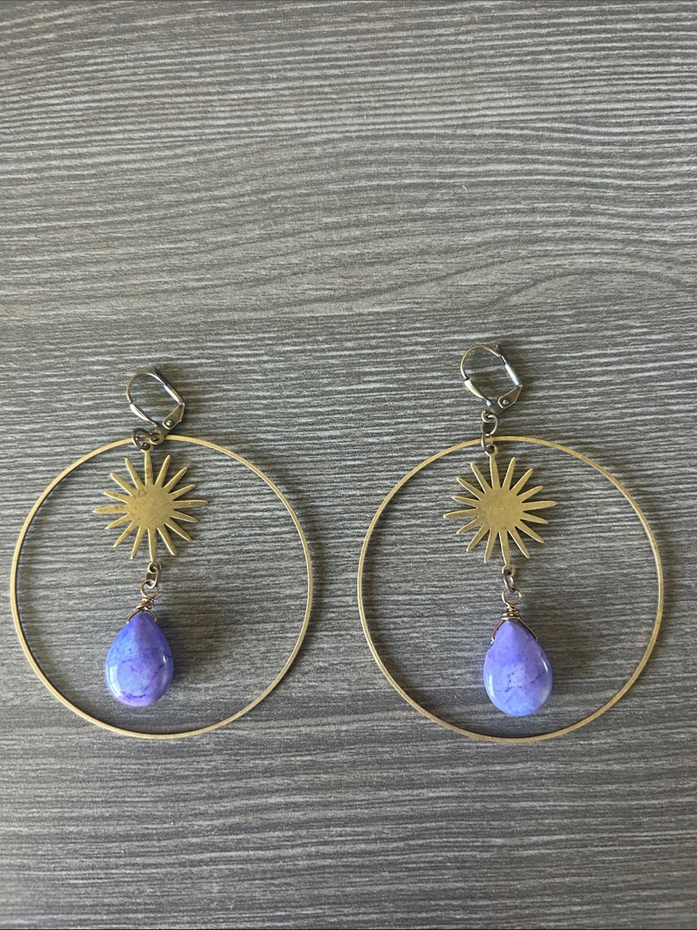 NWOT hand made brass drop earrings with purple stone